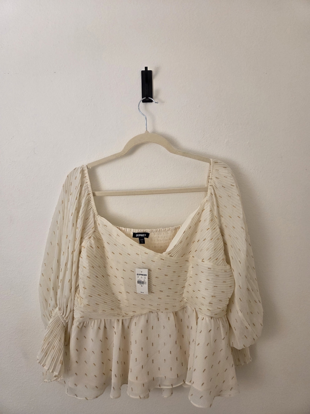 NWT Express Cream Peplum Blouse with Gold Dot Accent XL